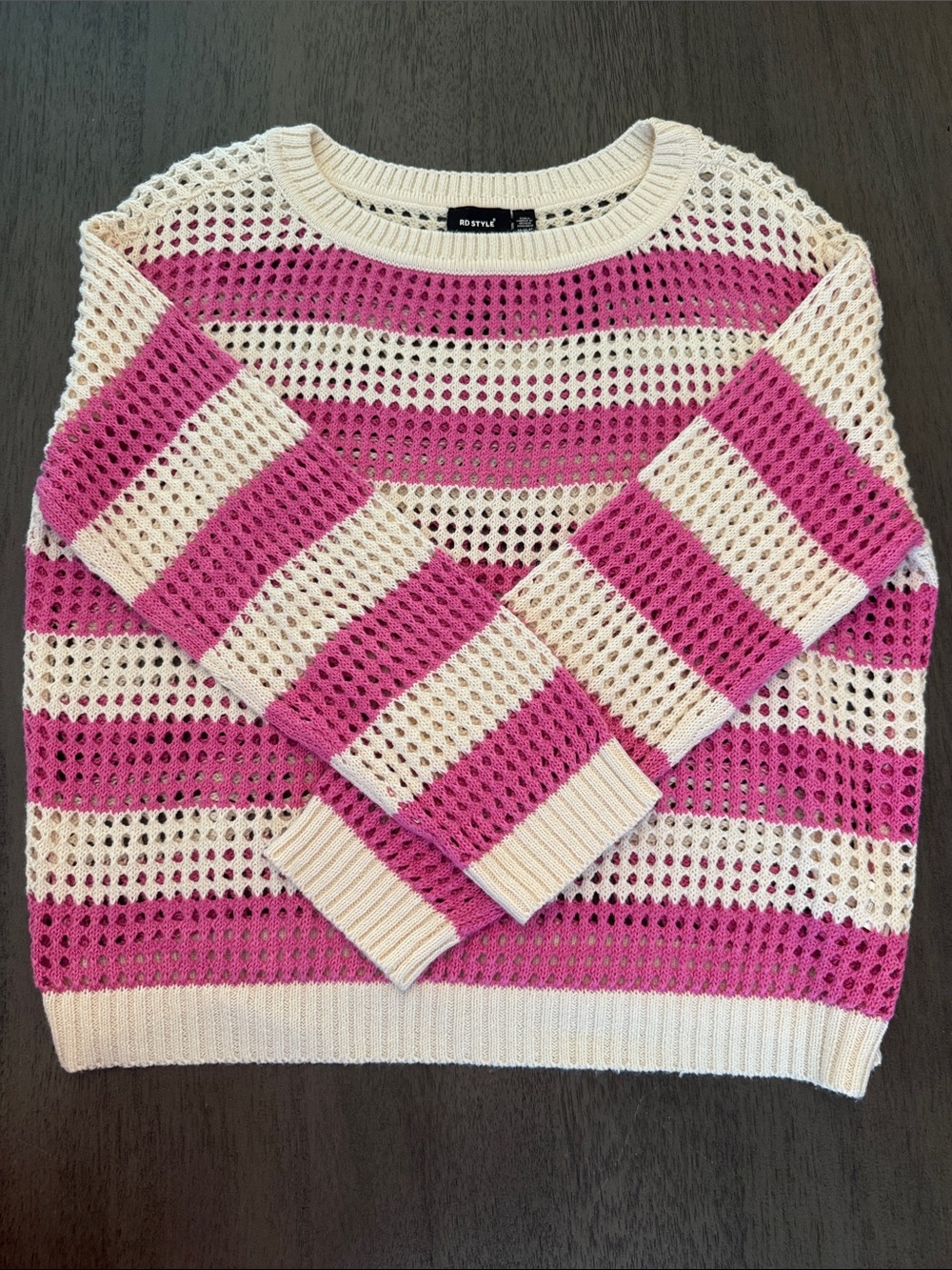 RD Style Pink and Cream Striped Open-Knit Sweater